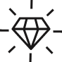 Simple black line drawing of a diamond with lines radiating outward, symbolizing shine or brilliance, on a light gray background.