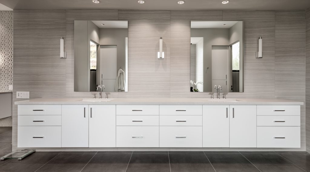 custom double vanity mirrors in a bathroom