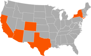 Map of the United States that GCS is located. Arizona, California, Colorado, New York, and Texas