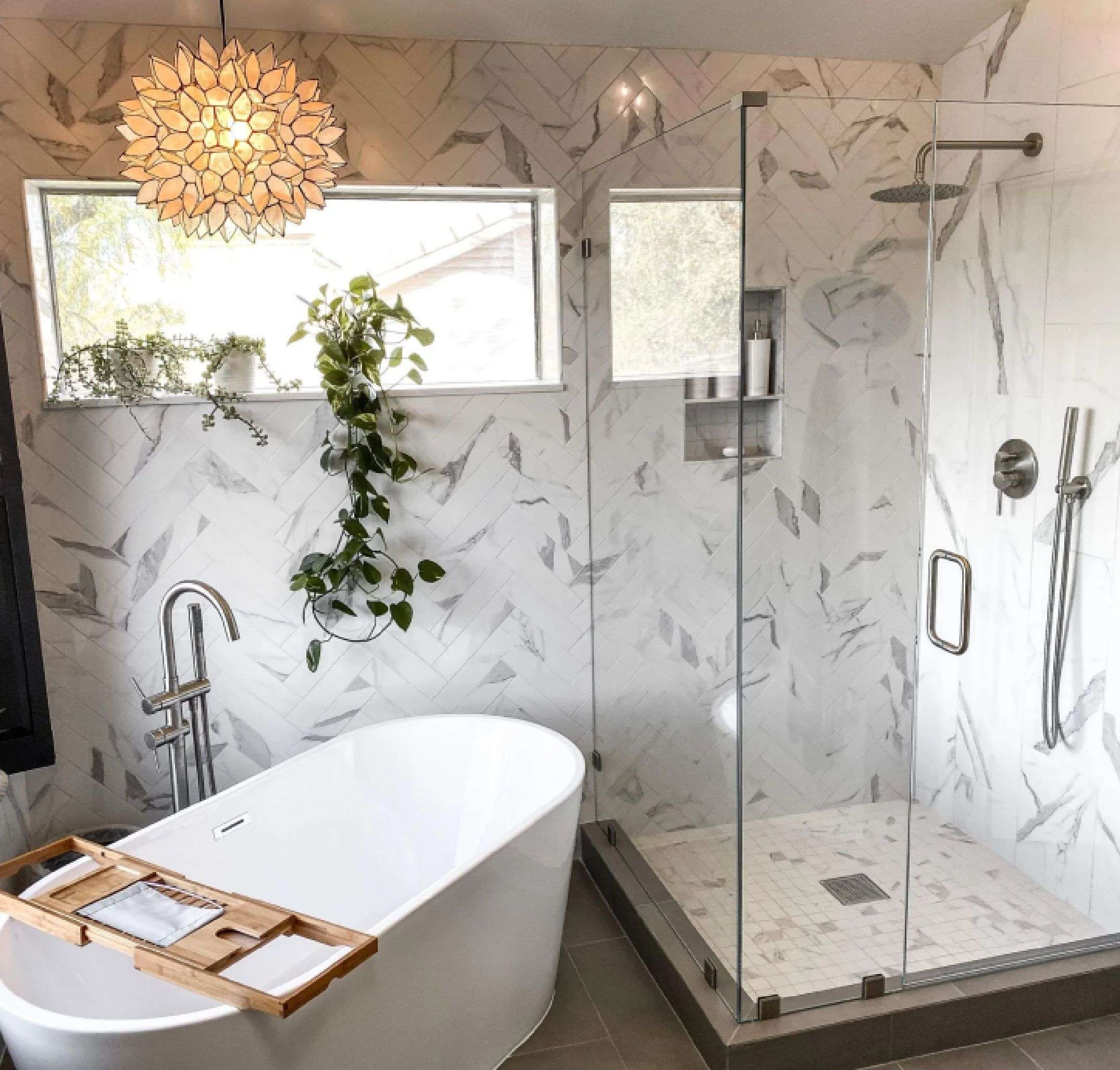 90 degree shower layout with soaking tub