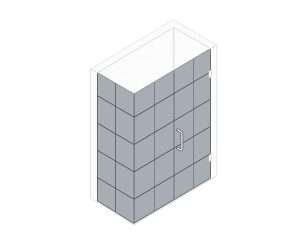 isometric illustration of a rectangular, tiled shower enclosure featuring a sleek shower glass door with a metal handle on the right side.