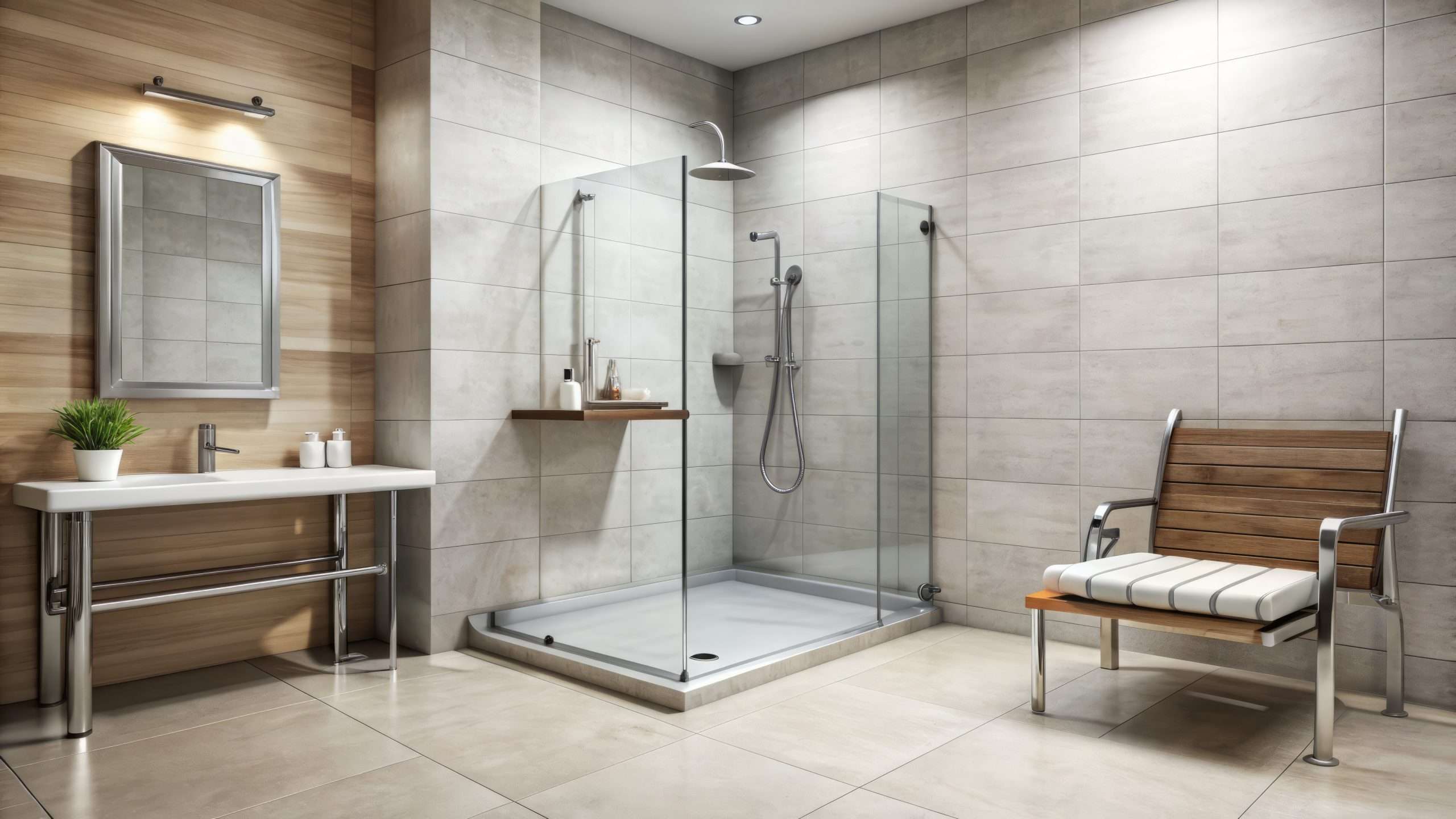 a modern, curbless shower with grab bars, a foldable seat, and non slip floor, designed for comfort and safety in accessible bathroom renovations.